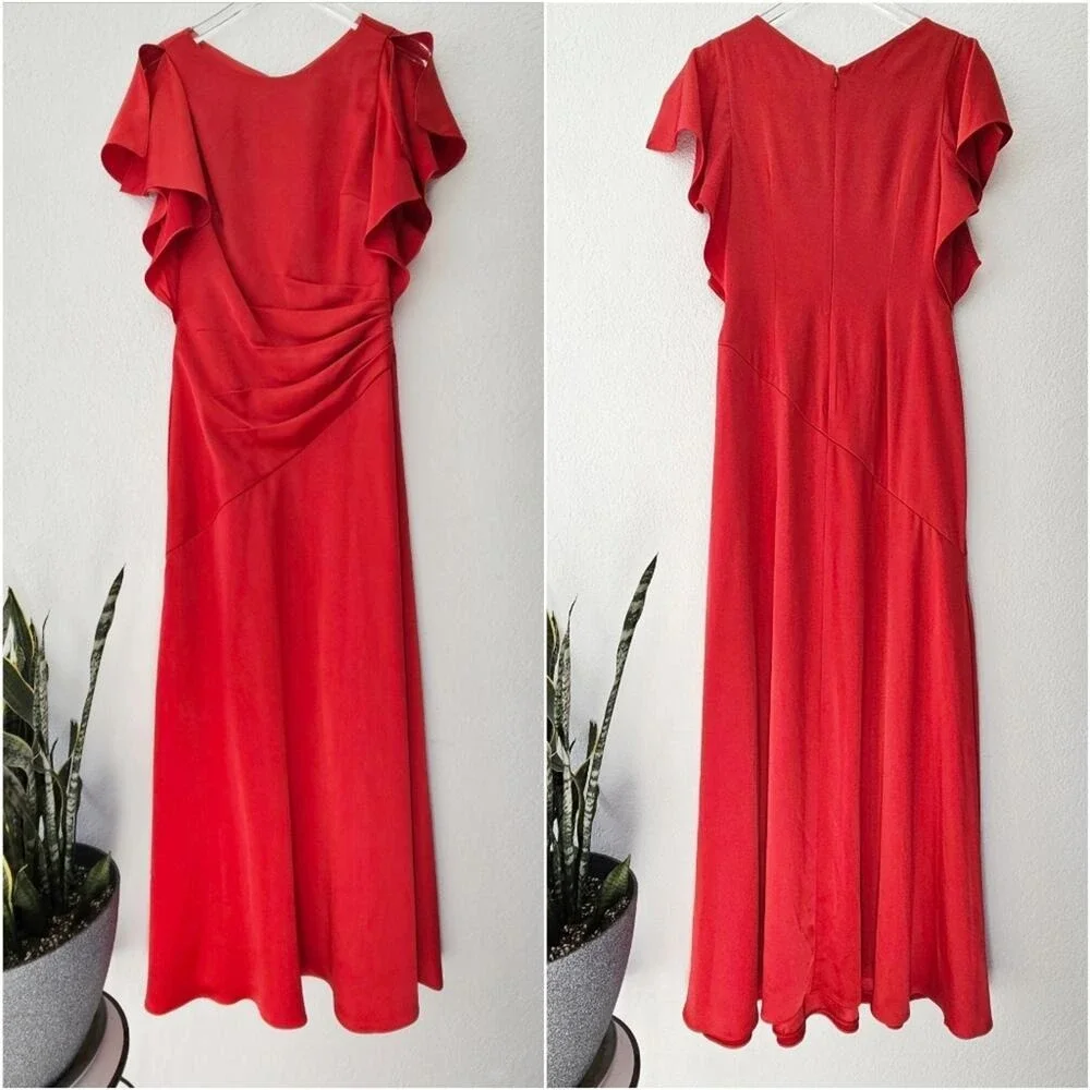 Theia Red Asymmetrical Ruched Flutter Sleeve Gown Size 8 Formal Event Black Tie
